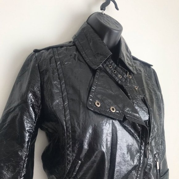 NWT Aryn K Patent Cropped Moto Biker Black Jacket L - Picture 2 of 4